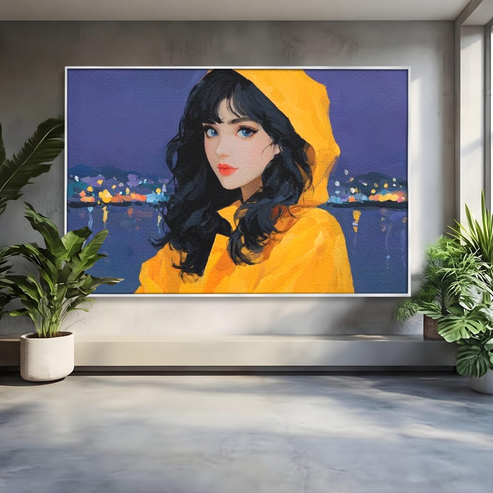 Tablou canvas cu tablou canvas cu femeie in pelerina galben, in rama de aluminiu argintiu